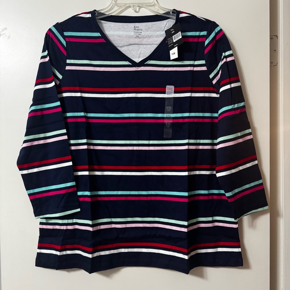 Kim Rogers Striped V-Neck Perfectly Soft Striped Tee XXL